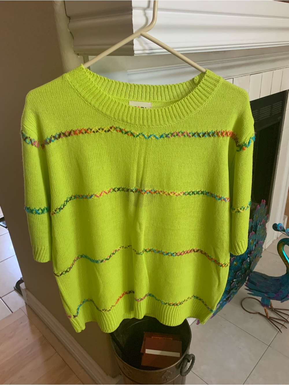 Lime Green Lover’s BiBi Knit Top with Multi-Color Cross Stitch Lines Sz XL - Picture 2 of 7